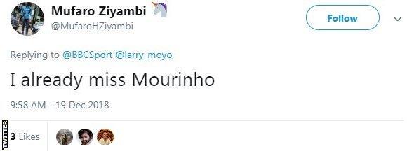 Tweet from Mufaro saying 'I already miss Mourinho'