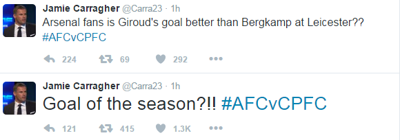 Former Liverpool defender Jamie Carragher asked if Giroud's strike was better than Denis Bergkamp's famous goal at Leicester in 1997