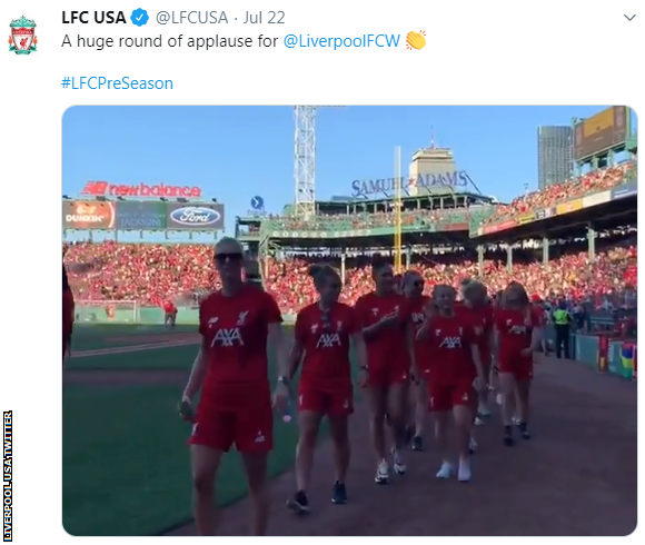 Liverpool Women on the pitch at half-time in Boston