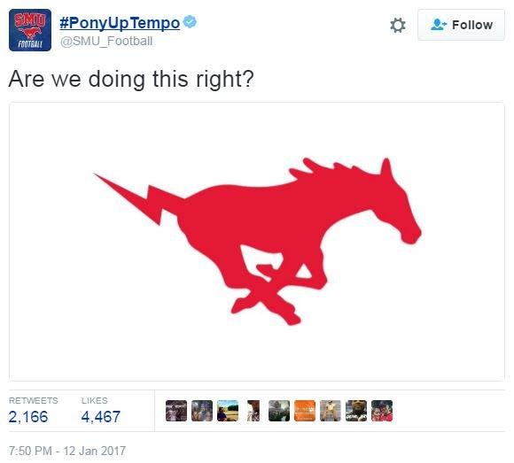 "Are we doing this right?" ask @SMU_Football adding a lightning bolt to the tail of the pony in their logo