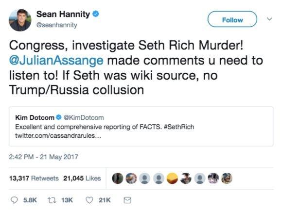 Tweet from @seanhannity reads: 'Congress, investigate Seth Rich Murder! @JulianAssange made comments u need to listen to! If Seth was wiki source, no Trump/Russia collusion