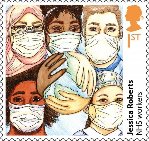 This stamp shows medical workers united