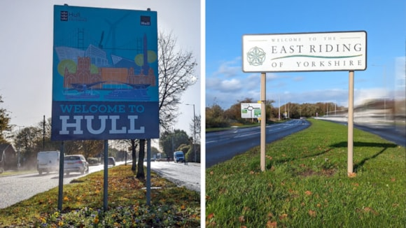 A composite image of two road signs. The sign on the left reads "Welcome to Hull". The sign on the right reads "Welcome to the East Riding of Yorkshire". 