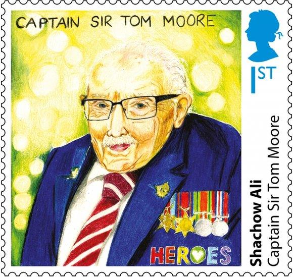 Captain Sir Tom Moore stamp designed by Shachow Ali from Wales.