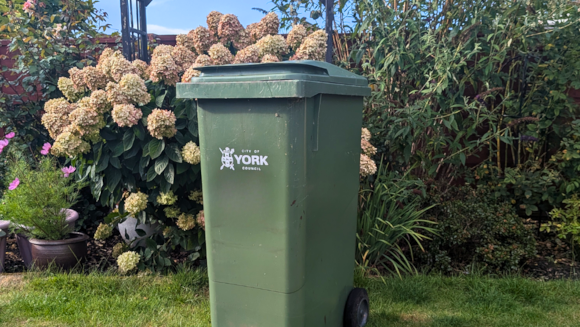 A green garden waste bin with a "City of York Council" logo, placed on a grassy lawn beside hydrangeas and a wooden garden trellis under a partly cloudy sky.