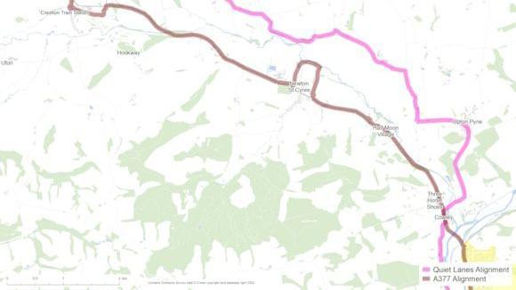 A map view of the proposed cycle route between Exeter and Crediton. The quiet lanes route is shown in pink, while the A377 alignment is shown in brown.