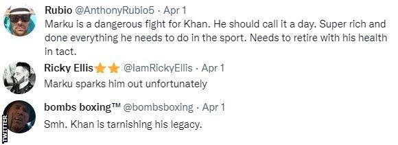 Boxing fans on Twitter saying Amir Khan should retire, with one fan saying "Khan is tarnishing his legace."