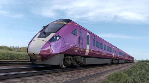 A CGI image of a purple-liveried high-speed train.