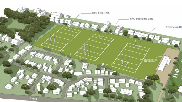 A CGI plan shoeing three rugby pitches next to a housing estate