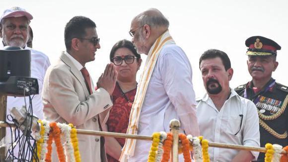 NEW DELHI, INDIA AUGUST 15: Dhananjaya Yeshwant Chandrachud, Chief Justice of India greets Amit Shah, union Home Minister on the occasion of the 77th Independence Day at Red Fort on August 15, 2023 in New Delhi, India. (Photo by Raj K Raj/Hindustan Times via Getty Images)