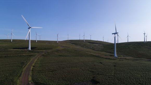 A windfarm on a sunny day, witharound a dozen wind turbines visible