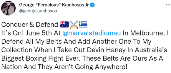 A tweet from George Kambosos announcing the fight