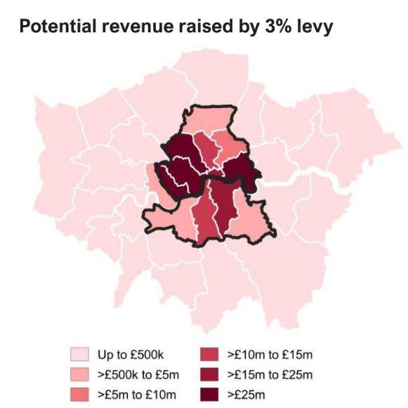 A pink and red map showing the expected income for boroughs ranging from pale pink (up to £500k) to dark maroon (more than £25m)