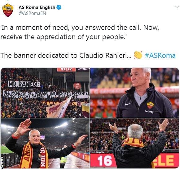 AS Roma tweet displaying translated messages to Claudio Ranieri