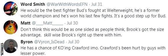 Boxing fans on Twitter react to news that Kell Brook could fight Terence Crawford. One fan says it is a good step up for Crawford while another says Brook has a chance of knocking out the American