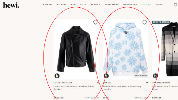 A screengrab of a web page shows the HEWI logo and two items of clothing circled in red with prices below them.
