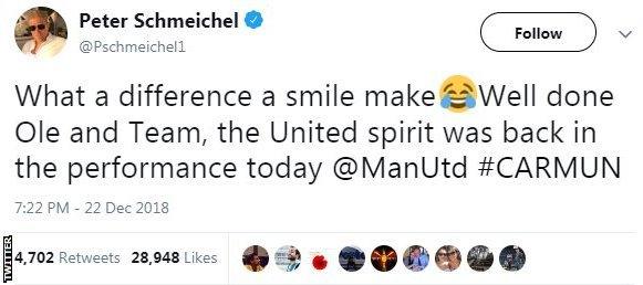 Tweet from Peter Schmeichel saying 'What a difference a smile makes'