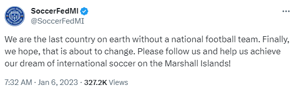 SoccerFedMI on 'X': "We are the last country on earth without a national football team. Finally, we hope, that is about to change. Please follow us and help us achieve our dream of international soccer on the Marshall Islands!"