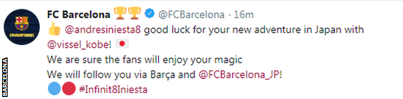 Barcelona tweeted to wish their former player good luck