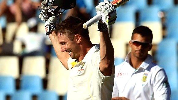 Australia batsman Shaun Marsh celebrates his century in Pretoria