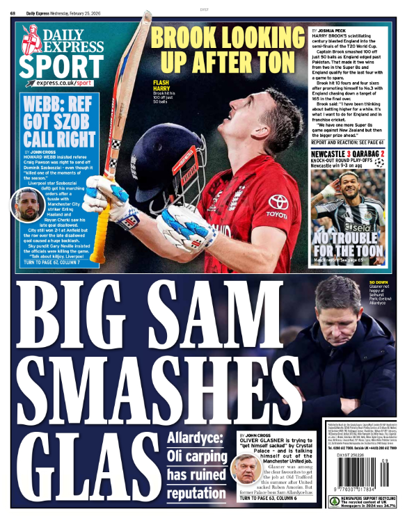 Express back page: 'Big Sam smashes Glas'