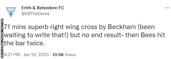 Tweet from Erith & Belvedere saying "71 mins superb right win cross by Beckham (been waiting to write that!)but n results - then Bees hit the bar twice