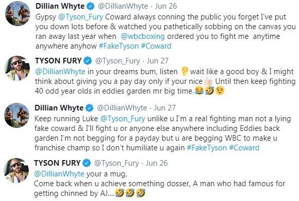 Tyson Fury and Dillian Whyte go at it on Twitter. Whyte calls Fury a coward and says he has been conning the public. Fury mocks Whyte for fighting 40-year-old Alexander Povetkin