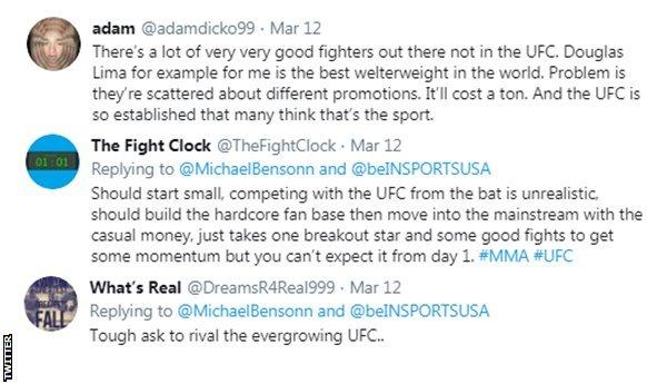 Fans reacting to Eddie Hearn's comments that he could one day promote in MMA, with one Twitter user saying Hearn couldn't rival the UFC