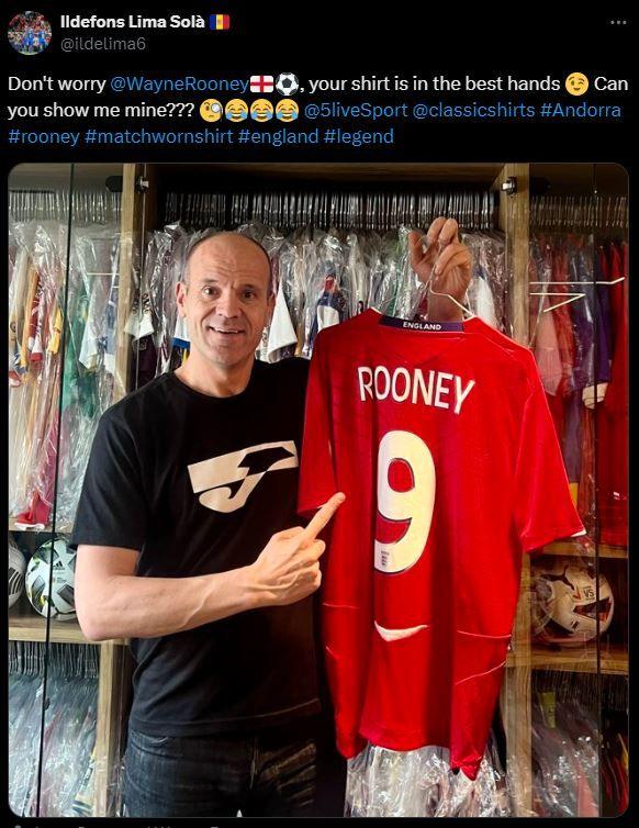 Former Andorra player Ildefons Lima Sola poses with his Wayne Rooney shirt