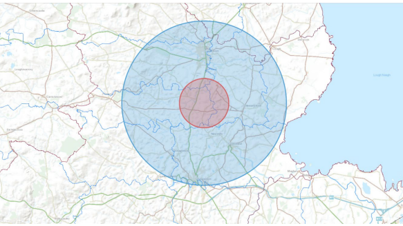 The Temporary Control Zone Area A (TCZ-A) comprises that part of County Tyrone
contained within the red circle of radius minimum 3 kilometres.