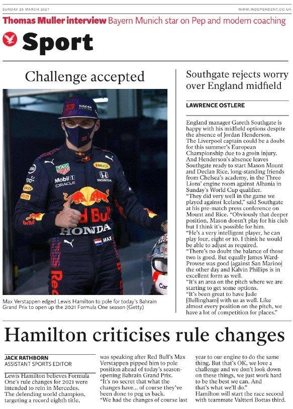 The back page of the Independent on Sunday