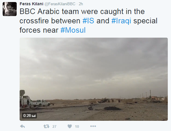 Tweet from Feras Kilani says BBC Arabic team caught in crossfire