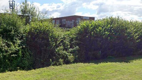 A Google image of former working men's club taken from a roadside, with the top of the building with graffiti on it visible