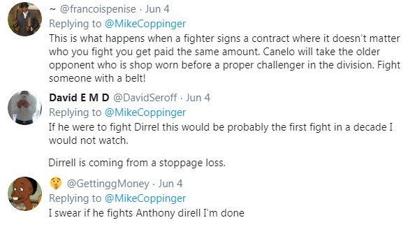 Boxing fans react to the news that Saul 'Canelo' Alvarez could fight American Anthony Dirrell next, with one fan saying "if he fights Dirrell, I'm done"