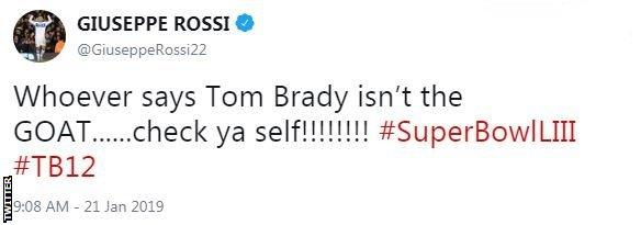 Giuseppe Rossi tweet saying: "Whoever says Tom Brady isn't the GOAT...check ya self!"