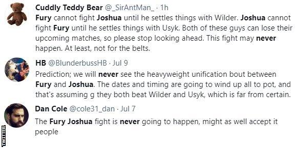 Boxing fans on Twitter say that Fury-Joshua will "never happen" - with one fan saying both could lose their upcoming fights.