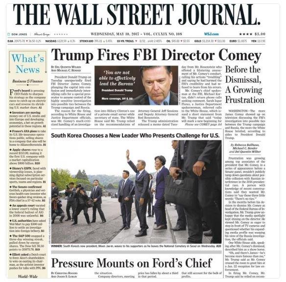 The front page of the Wall Street Journal the day after James Comey's sacking