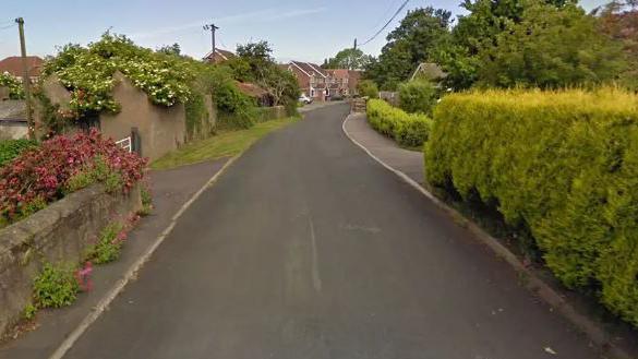 A narrow asphalt road bordered on either side by hedgerows, walls and housing.