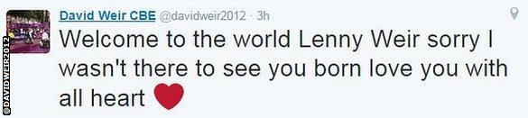 David Weir, who won four gold medals at London 2012, tweeted about the birth of his fourth child