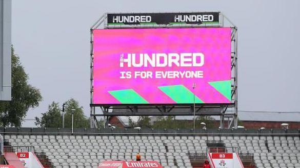 A screen at a match during The Hundred reads 'The Hundred is for everyone'