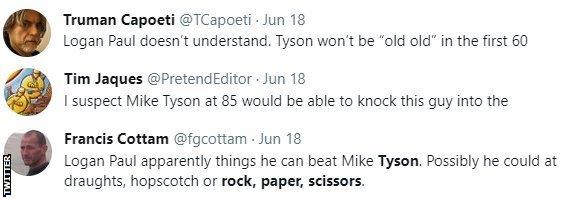 Boxing fans on Twitter discuss Logan Paul calling out Mike Tyson, with one fan saying "I suspect Mike Tyson at 85 would be able to knock this guy into the stratosphere"