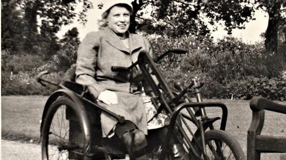 A black and white picture of Mary Greaves in a wheelchair probably dating from the 1950s 