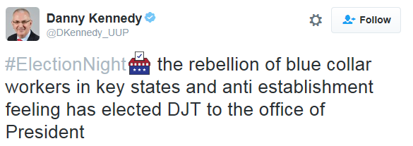 'the rebellion of blue collar workers in key states and anti establishment feeling has elected DJT to the office of president'