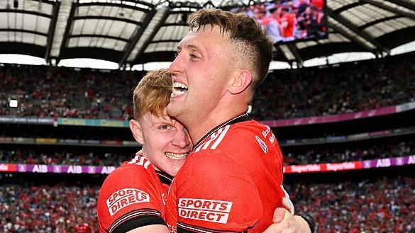 Padric Tinnelly and Ryan Burns celebrate Louth's quarter-final win over Monaghan