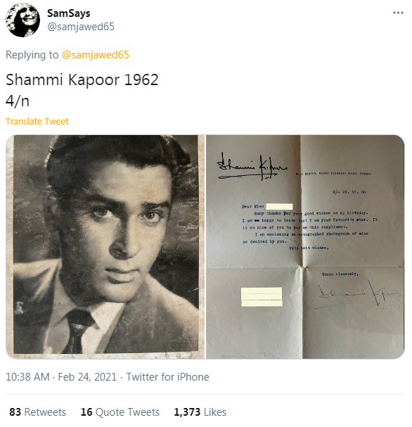 Shammi Kapoor's letter