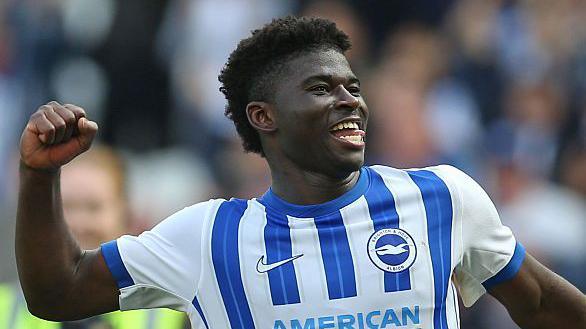  Carlos Baleba of Brighton & Hove Albion celebrates in front of the supporters