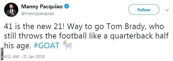 Manny Pacquiao tweet saying: "41 is the new 21! Way to go Tom Brady, who still throws the football like a quarterback half his age"