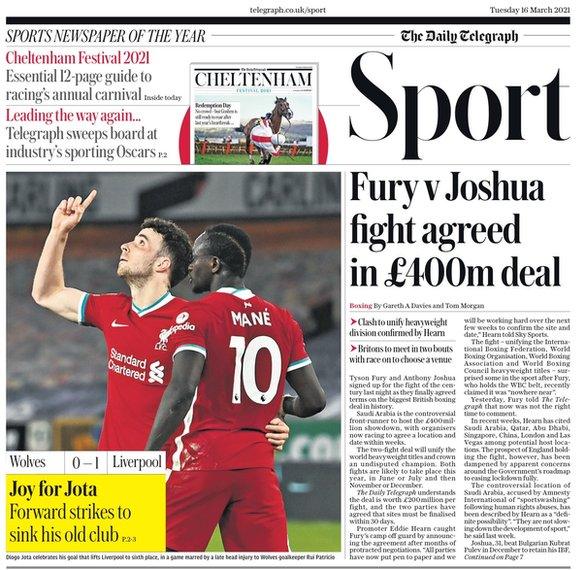 Sports pages of Tuesday's Daily Telegraph
