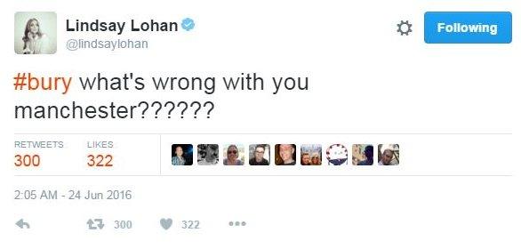 Lohan tweet asking what's wrong with Bury for voting pro Brexit