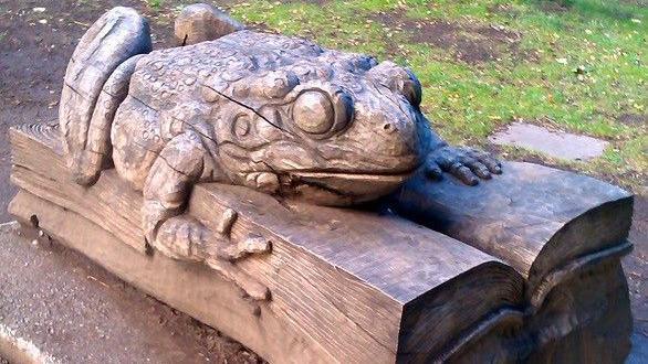 A large wooden sculpture of a toad sitting on an open book